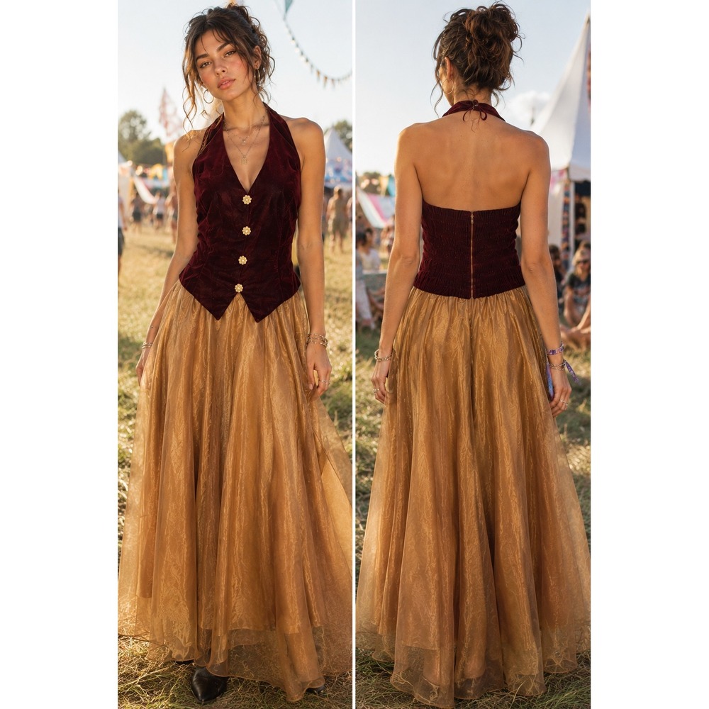 VTG 90's Stellar Velvet Halter Maxi Dress M Burgundy Gold Renaissance Organza